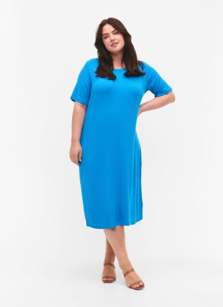 Blue Zizzi Dresses Women Viscose Rib Midi Dress With Short Sleeves