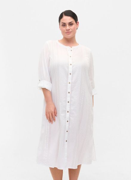 White Zizzi Cotton Shirt Dress With 3/4 Sleeves Dresses Women