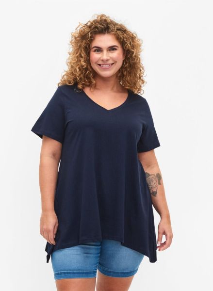Women Cotton T-Shirt With Short Sleeves T-Shirts & Tops Blue Zizzi