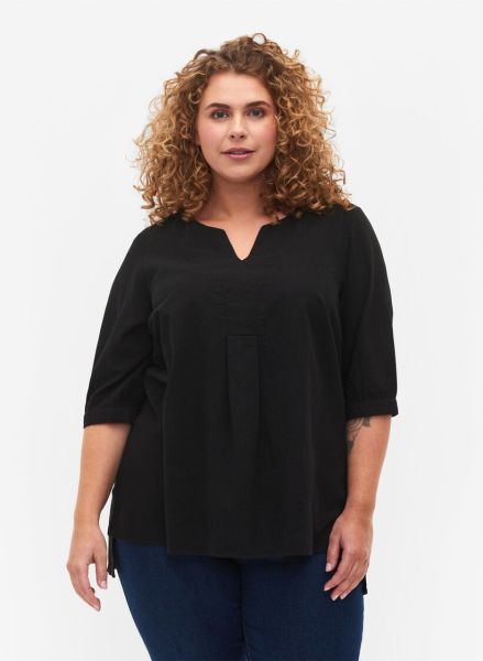Zizzi Women Flash - Cotton Blouse With Half-Length Sleeves Black Flash